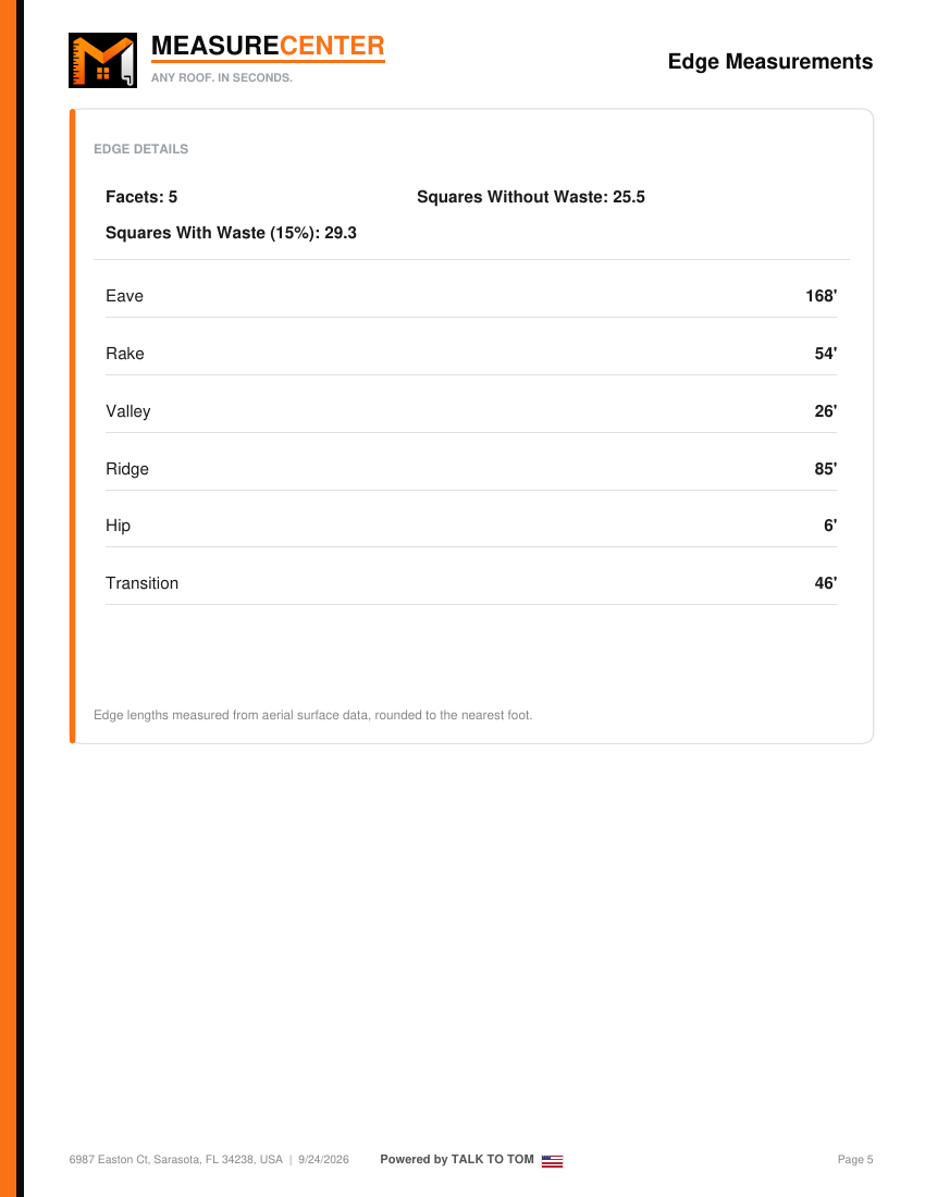 Edge measurements page with edge lengths details table