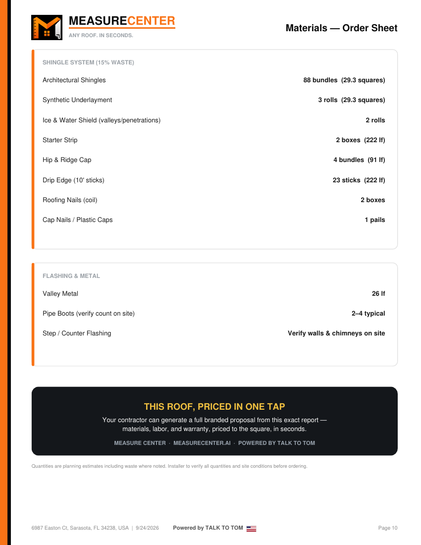 Materials order sheet page
